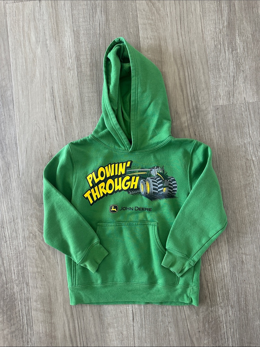 John Deere Green Kids Hoodie with 'Plowin' Through' Tractor Graphic